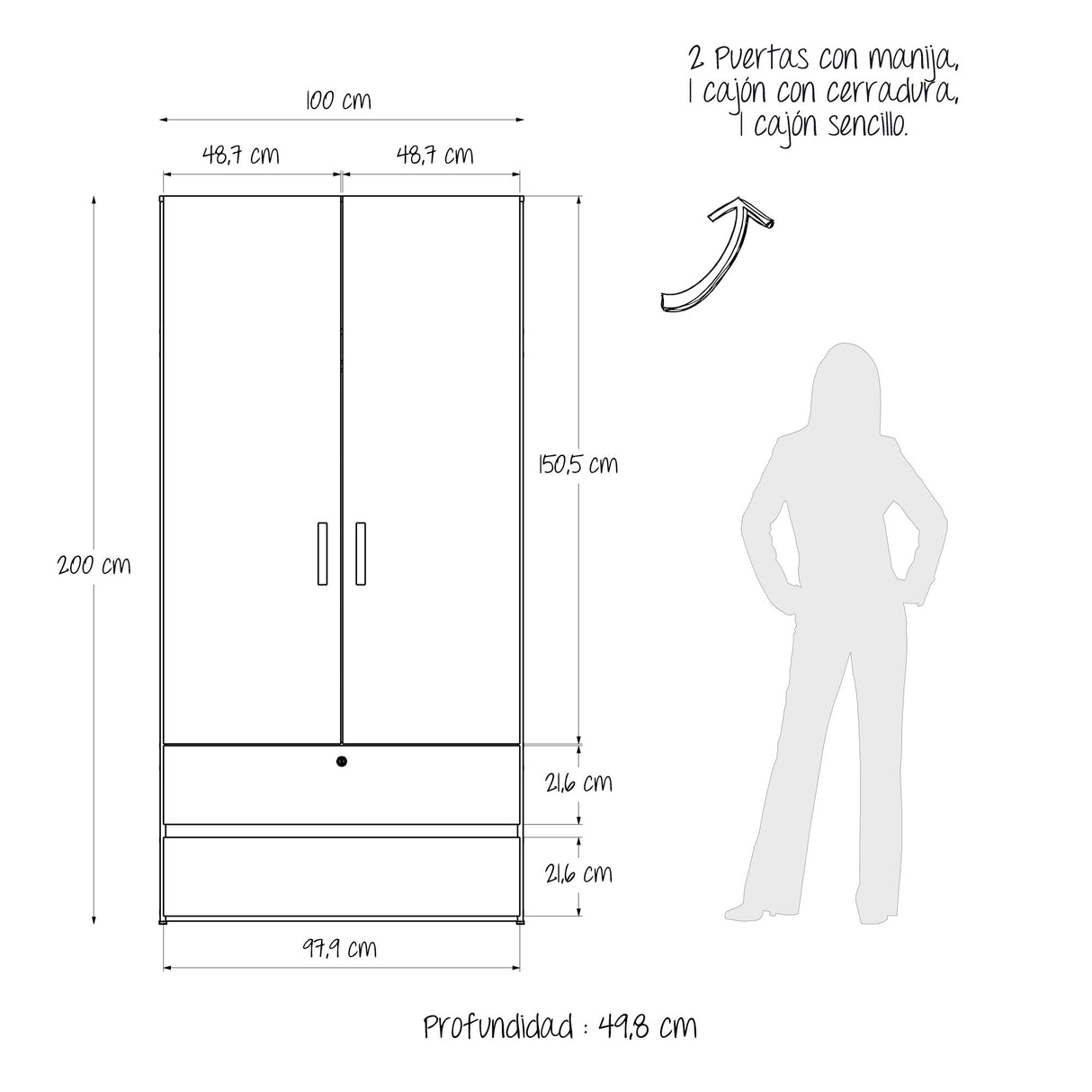 Closet Tripoli Wengue y Duna 100x200cm con Dos Cajones y con Dos Compartimientos - CLOSETS | Bylmo