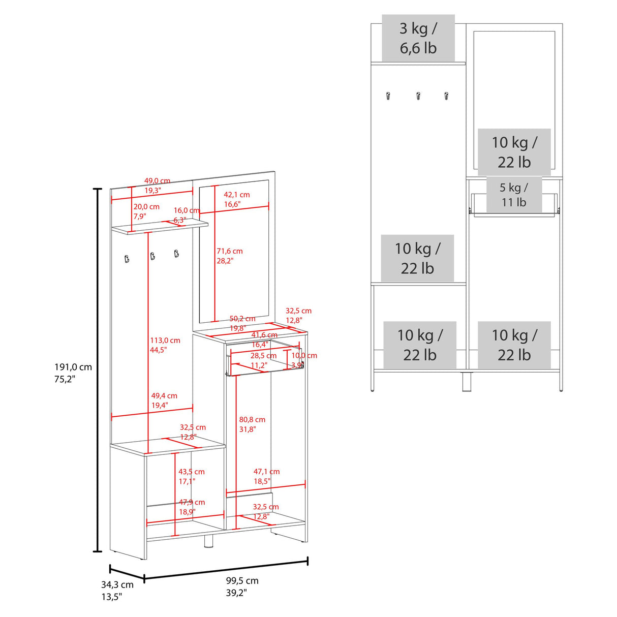 Recibidor Parker Fresno Europeo 99.5x191cm con Un Cajón y con Cinco Compartimientos - BIFES Y ARRIMOS | Bylmo
