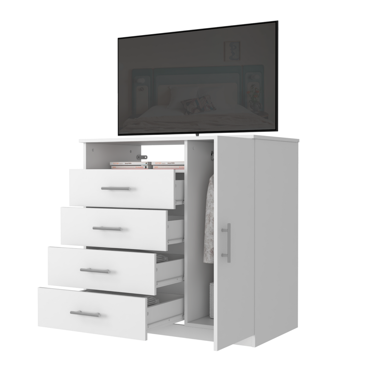 Cómoda Peru Blanco 91x89.2cm de Cinco Hileras con Cuatro Cajones y con Espacio para TV - CAJONERAS Y COMODAS | Bylmo