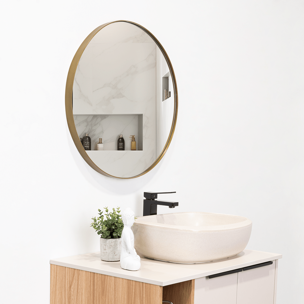 Espejo de Baño D58 Dorado y Gris 58x58cm Redondo con Marco Metalico - ESPEJOS DE BANHO | Bylmo