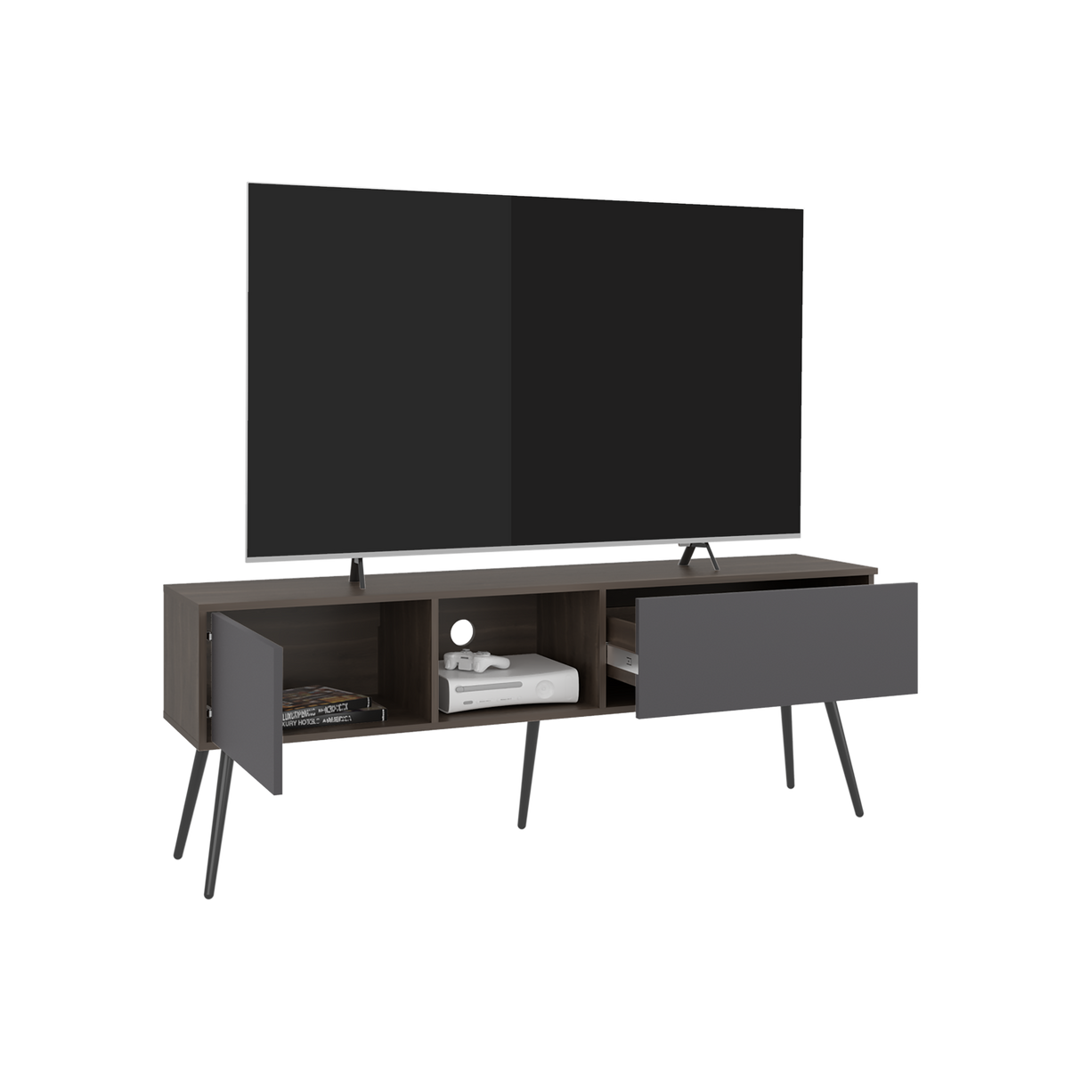 Mesa para TV Zurich Milan y Plomo 158.4x58.4cm para TV Hasta 70" Pulgadas con Tres Compartimientos y con Un Cajón - MUEBLES DE TV | Bylmo