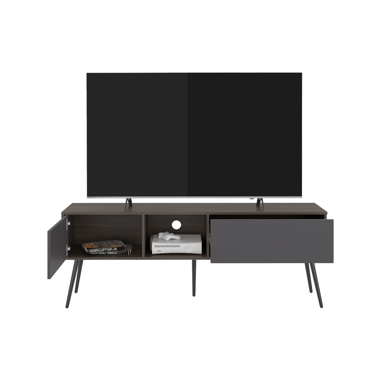 Mesa para TV Zurich Milan y Plomo 158.4x58.4cm para TV Hasta 70" Pulgadas con Tres Compartimientos y con Un Cajón - MUEBLES DE TV | Bylmo