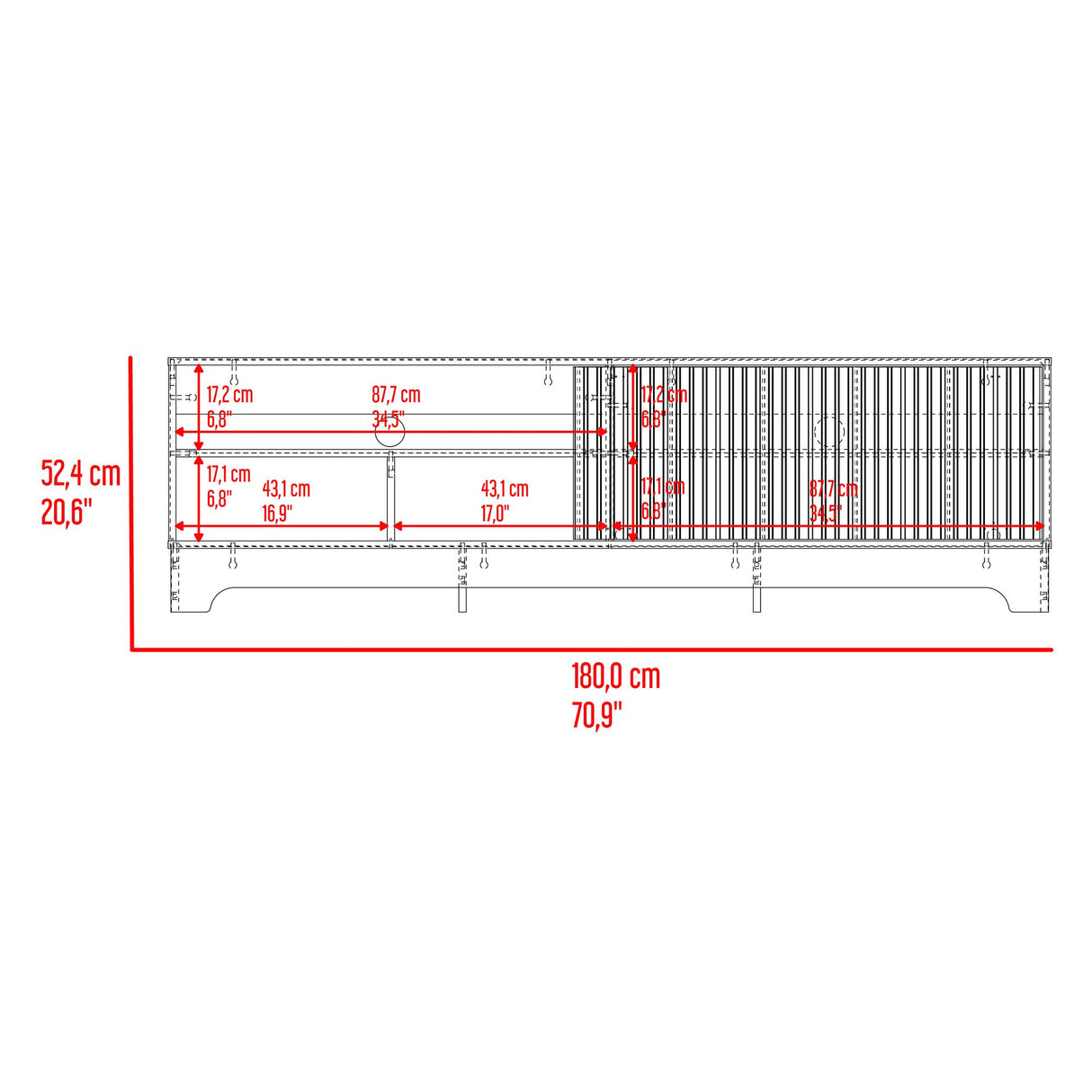 Centro de Entretenimiento Smith Nogal y Roble Natural 180x52.4cm para TV Hasta 75" Pulgadas con Cuatro Compartimientos - MUEBLES DE TV | Bylmo