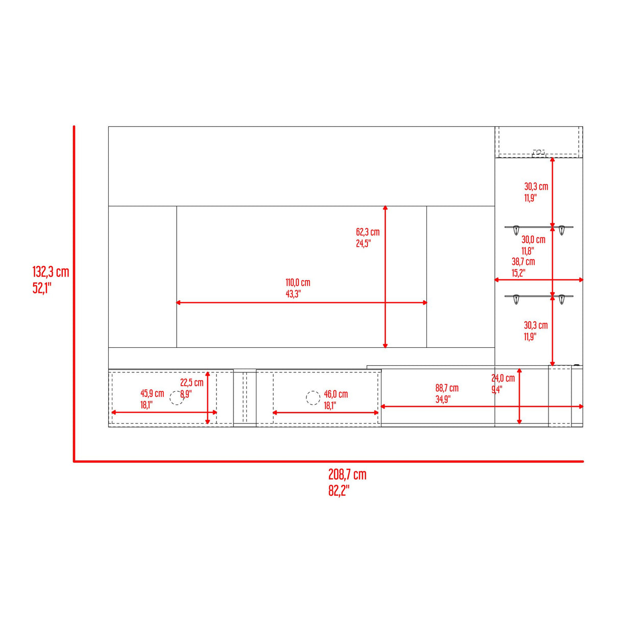Panel de TV Isolde Capri y Fresno 208.7x132.2cm para TV Hasta 70" Pulgadas con Seis Compartimientos - MUEBLES DE TV | Bylmo