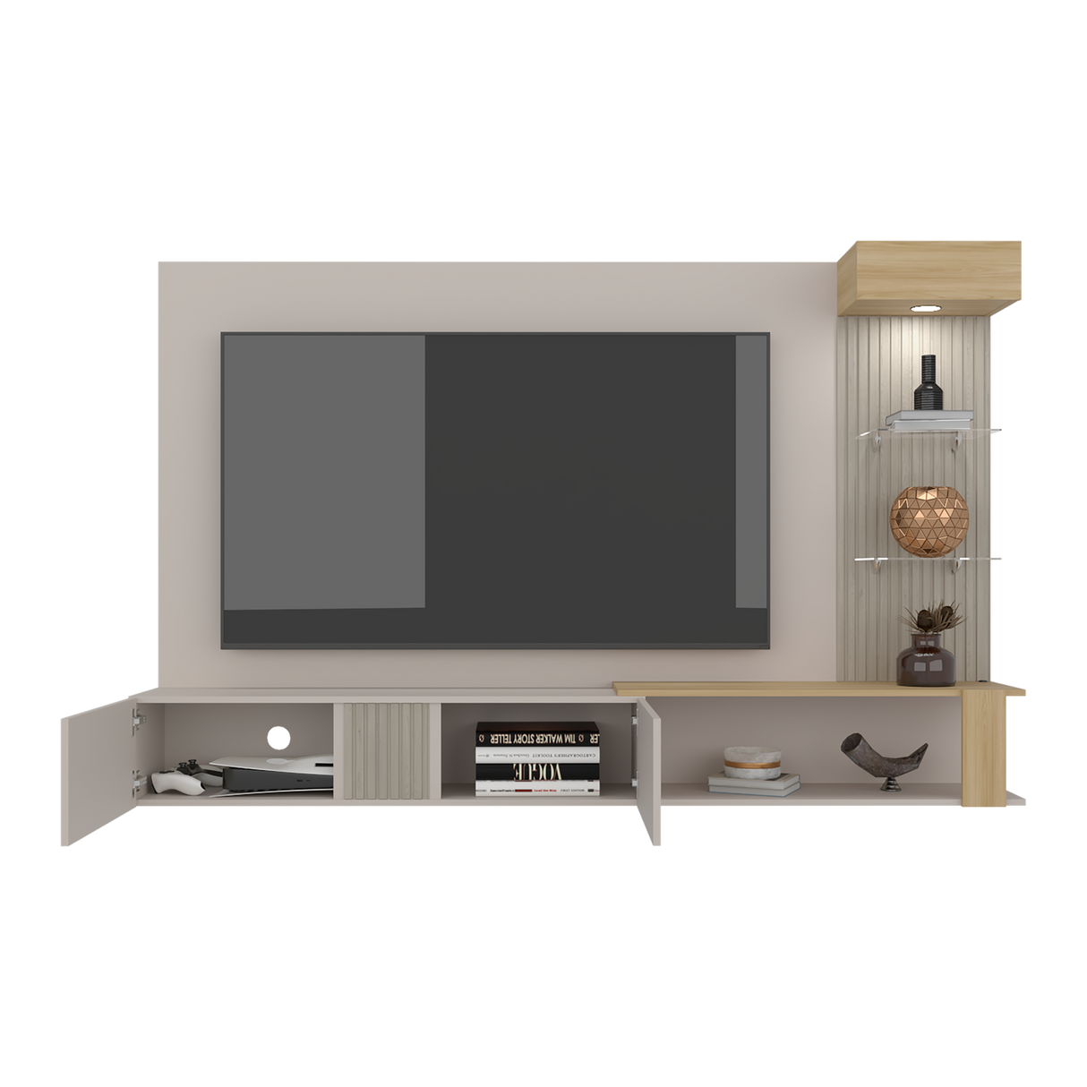 Panel de TV Isolde Capri y Fresno 208.7x132.2cm para TV Hasta 70" Pulgadas con Seis Compartimientos - MUEBLES DE TV | Bylmo