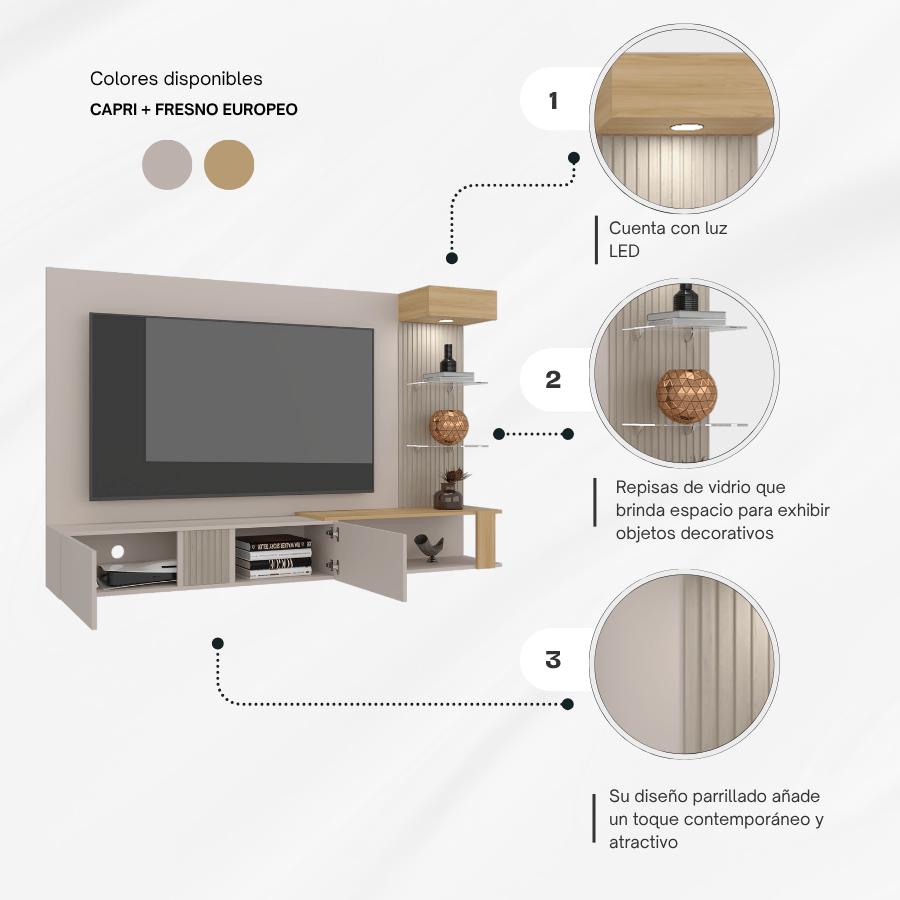 Panel de TV Isolde Capri y Fresno 208.7x132.2cm para TV Hasta 70" Pulgadas con Seis Compartimientos - MUEBLES DE TV | Bylmo