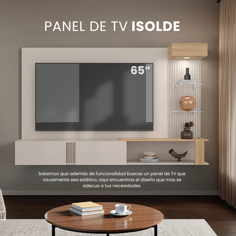 Panel de TV Isolde Capri y Fresno 208.7x132.2cm para TV Hasta 70" Pulgadas con Seis Compartimientos - MUEBLES DE TV | Bylmo