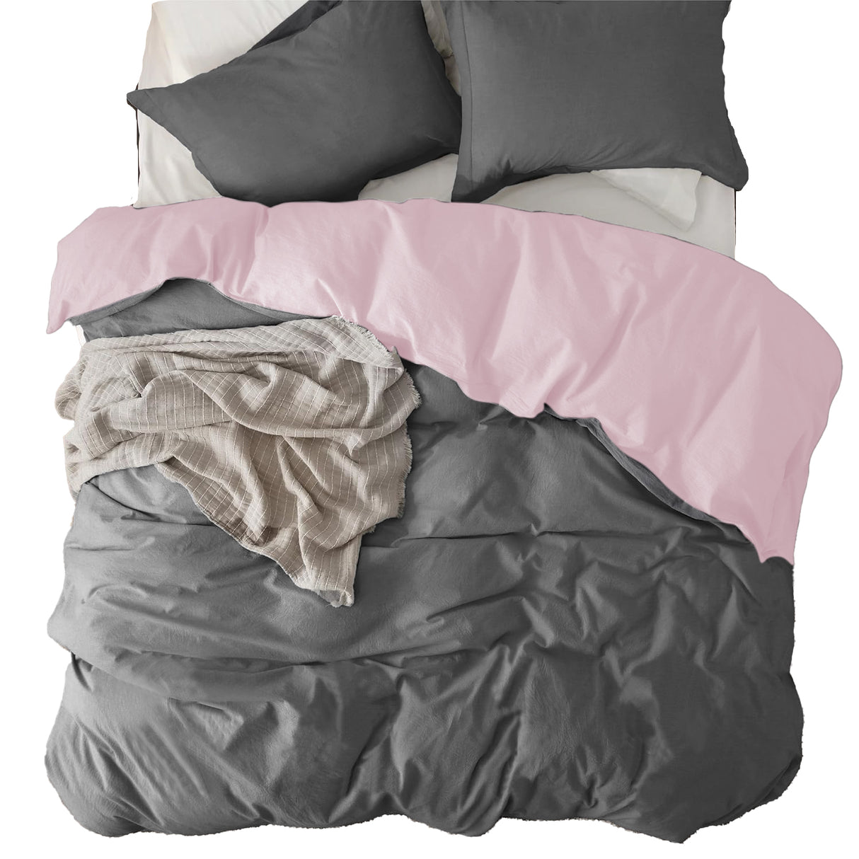 Combo Funda Duvet con Plumón Acolchado Bicolor Rosado y Gris 240x240cm Doble Faz para Cama Queen - TENDIDOS Y CUBRELECHOS | Bylmo