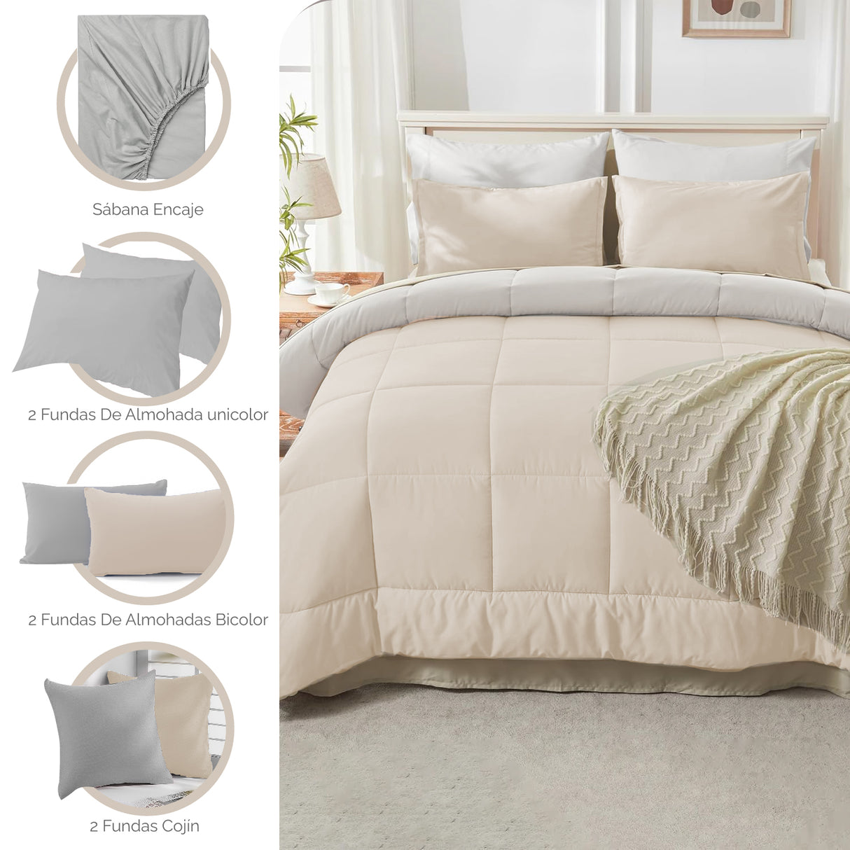 Combo Edredón Acolchado Bicolor Beige y Gris Claro 240x240cm Doble Faz para Cama Queen - TENDIDOS Y CUBRELECHOS | Bylmo