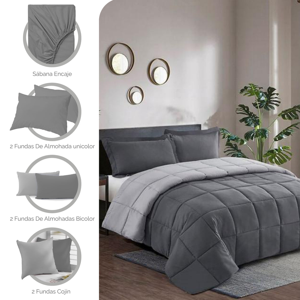 Combo Edredón Acolchado Bicolor Gris Oscuro y Gris Claro 220x240cm Doble Faz para Cama Doble - TENDIDOS Y CUBRELECHOS | Bylmo