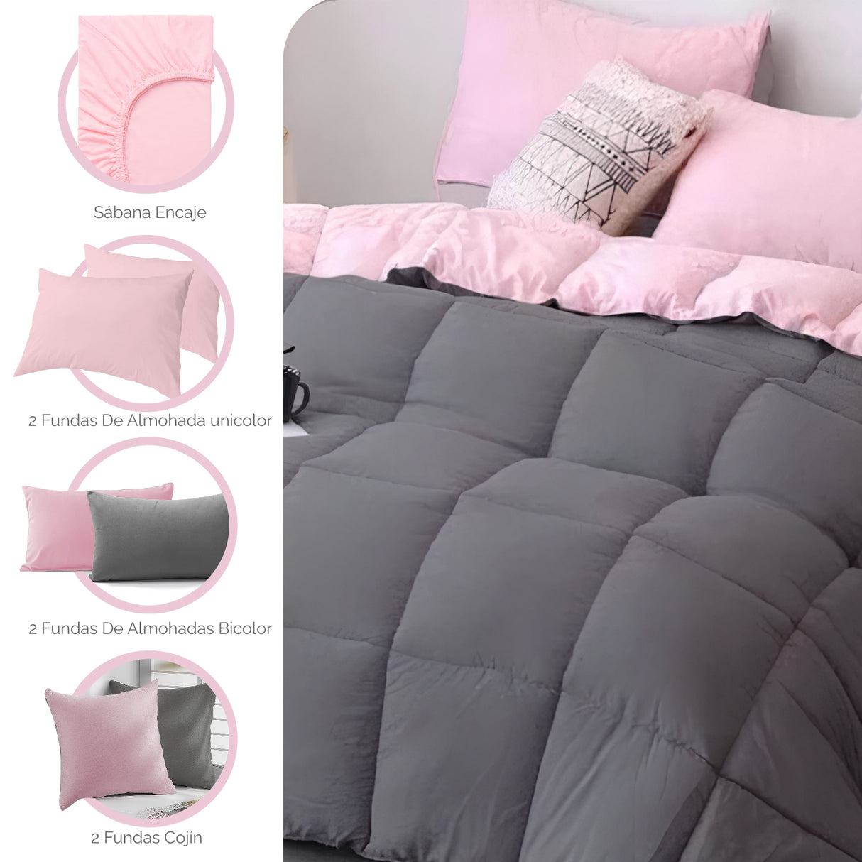 Combo Edredón Acolchado Bicolor Rosado y Gris Oscuro 220x240cm Doble Faz para Cama Doble - TENDIDOS Y CUBRELECHOS | Bylmo