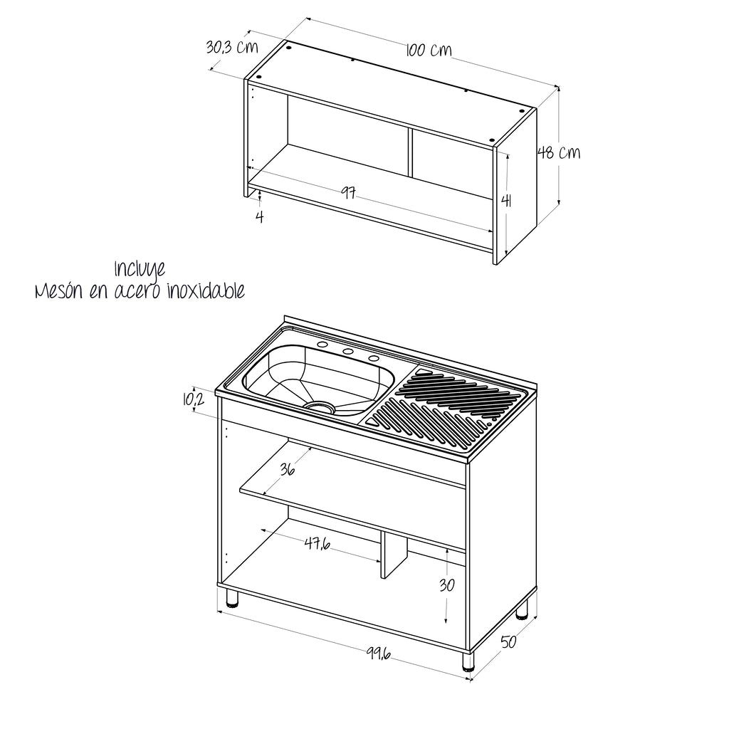 Cocina Integral Freya Blanco y Duna 100x32cm con Mesón de Acero Inoxidable para Lado Izquierdo y sin Estufa - COCINAS | Bylmo