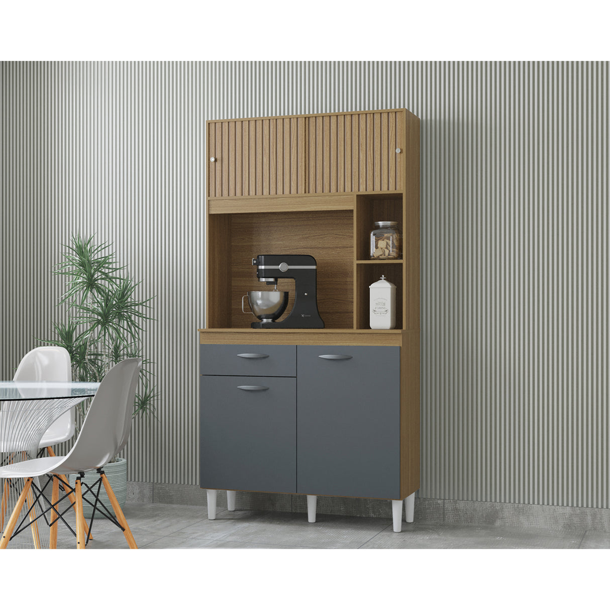 Alacena Duda Castaño y Gris 90x172cm con Un Cajón y Cuatro Puertas - ALACENAS Y MUEBLES MICROONDAS | Bylmo