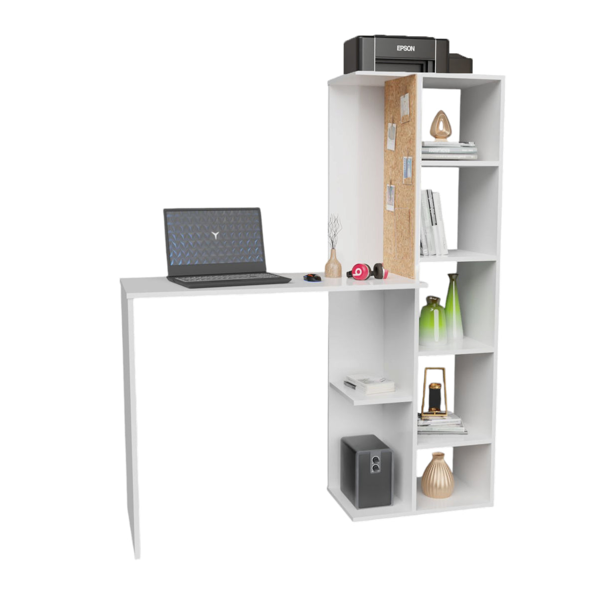 Combo Escritorio y Silla Home Eames Blanco 120x140cm sin Cajones y con Organizador de Libros - ESCRITORIOS | Bylmo