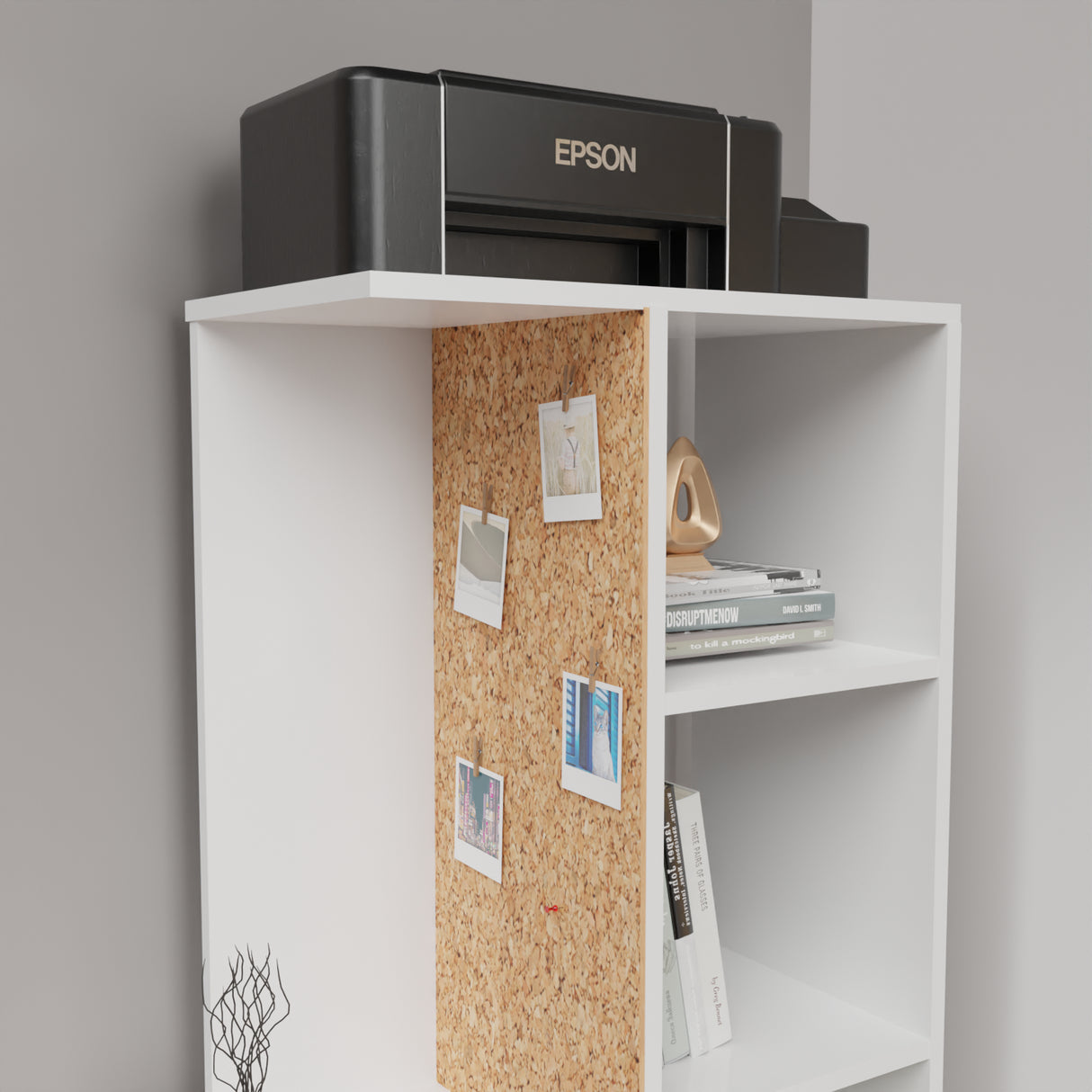 Combo Escritorio y Silla Home Eames Blanco 120x140cm sin Cajones y con Organizador de Libros - ESCRITORIOS | Bylmo