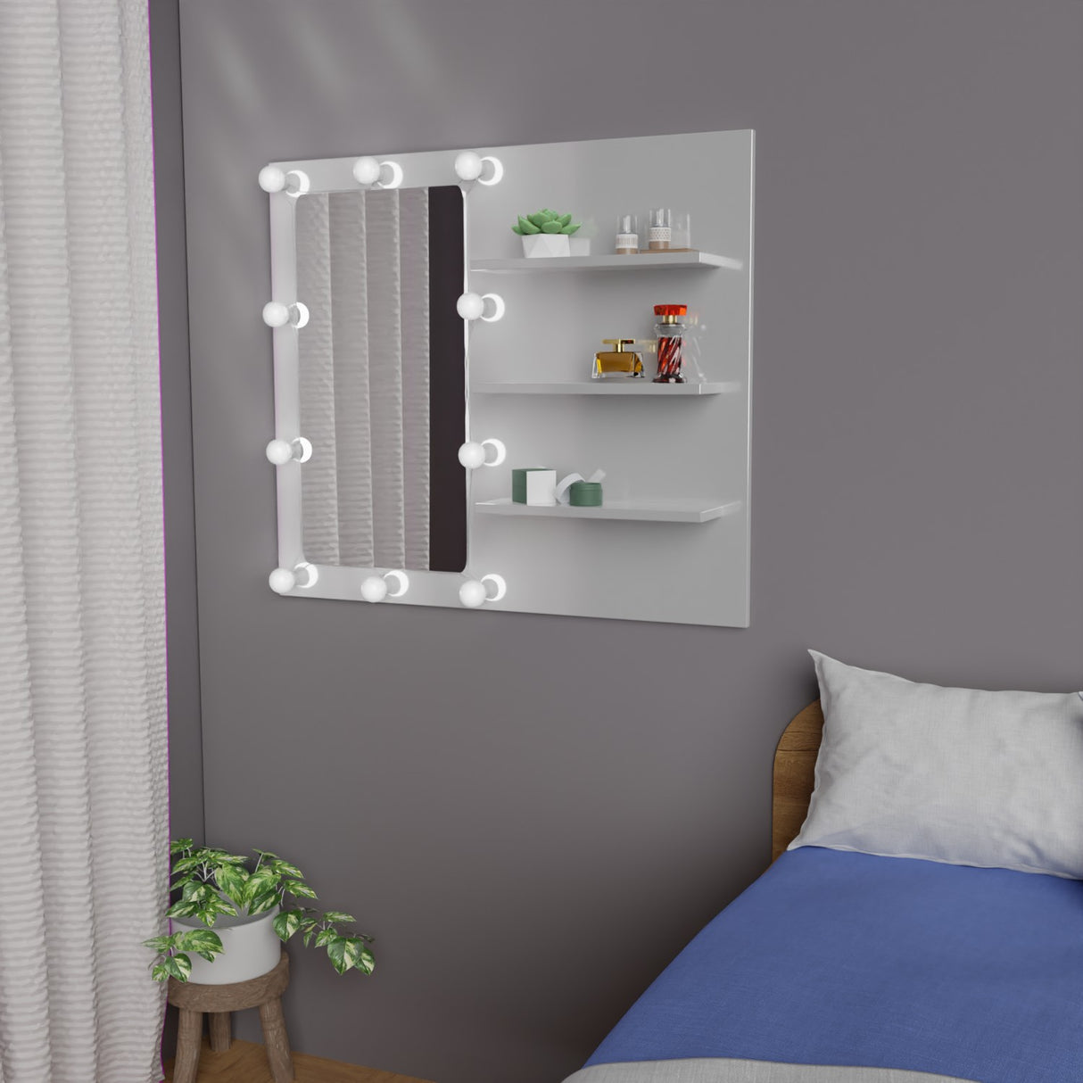 Combo Panel Tocador con Escritorio y Silla Eames Hollywood Blanco 80x70cm de Un Puesto con Iluminación LED - TOCADORES | Bylmo