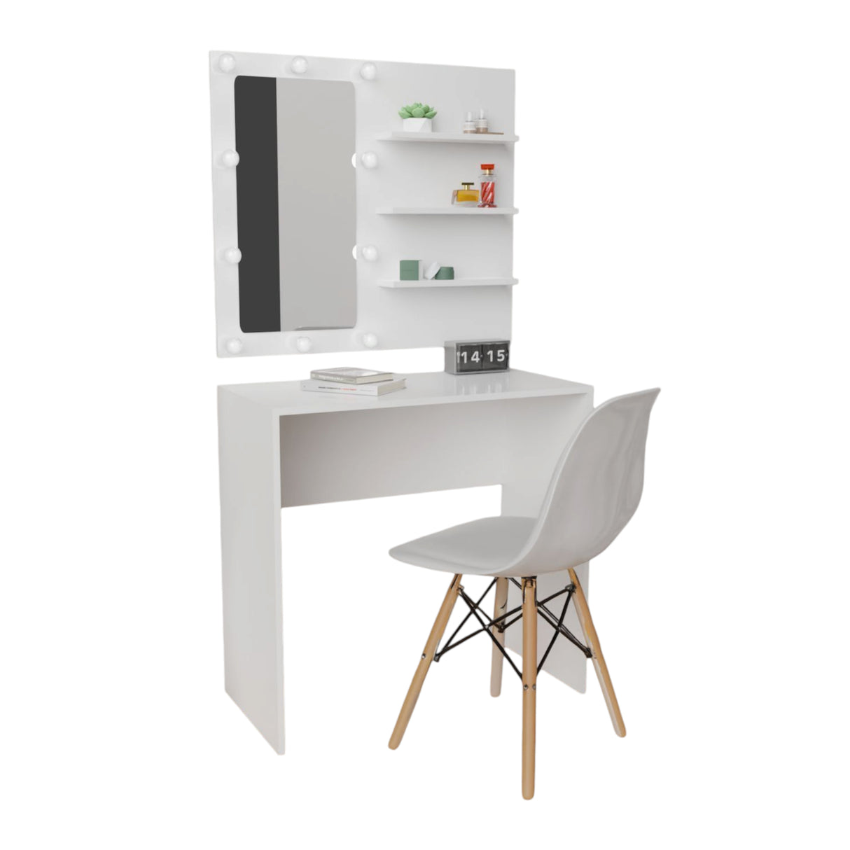 Combo Panel Tocador con Silla Tomy Hollywood Blanco 80x70cm de Un Puesto con Iluminación LED - TOCADORES | Bylmo