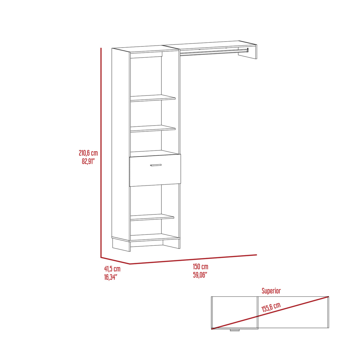 Closet Manchester Blanco 150x210.6cm con Un Cajón sin Puertas y con Colgadero de Ropa - CLOSETS | Bylmo
