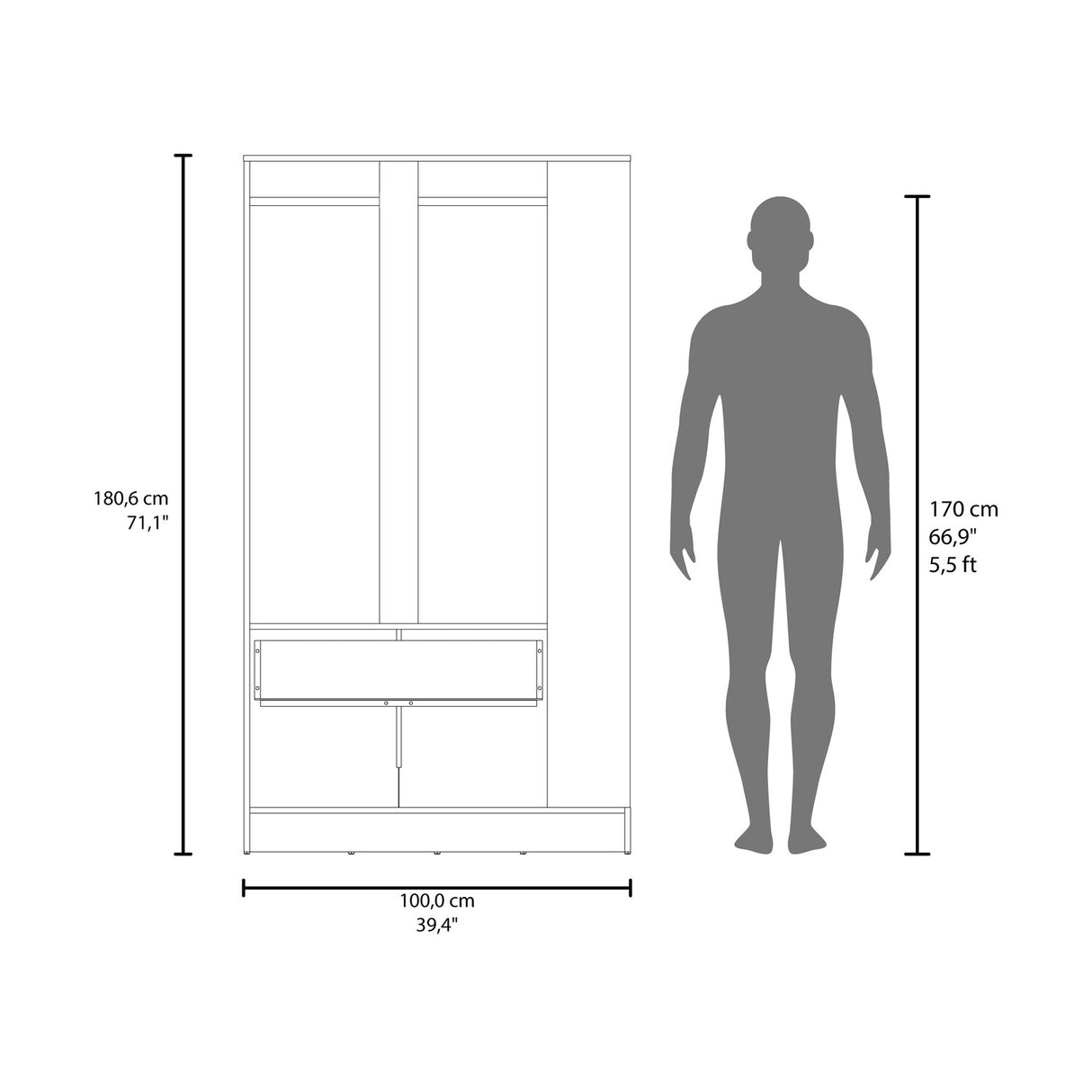 Closet Dakota Wengue 100x180.6cm con Un Cajón con Tres Puertas y con Colgadero de Ropa - CLOSETS | Bylmo