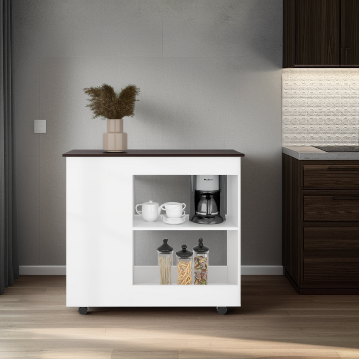 Barra de Cocina Nigella Blanco y Nogal 100x89.6cm con Ruedas y con Seis Compartimientos - BARRAS Y MUEBLES AUXILIARES | Bylmo