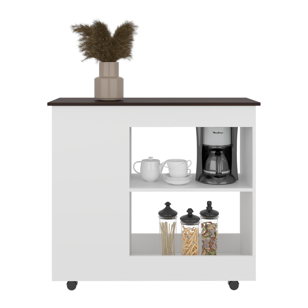 Barra de Cocina Nigella Blanco y Nogal 100x89.6cm con Ruedas y con Seis Compartimientos - BARRAS Y MUEBLES AUXILIARES | Bylmo