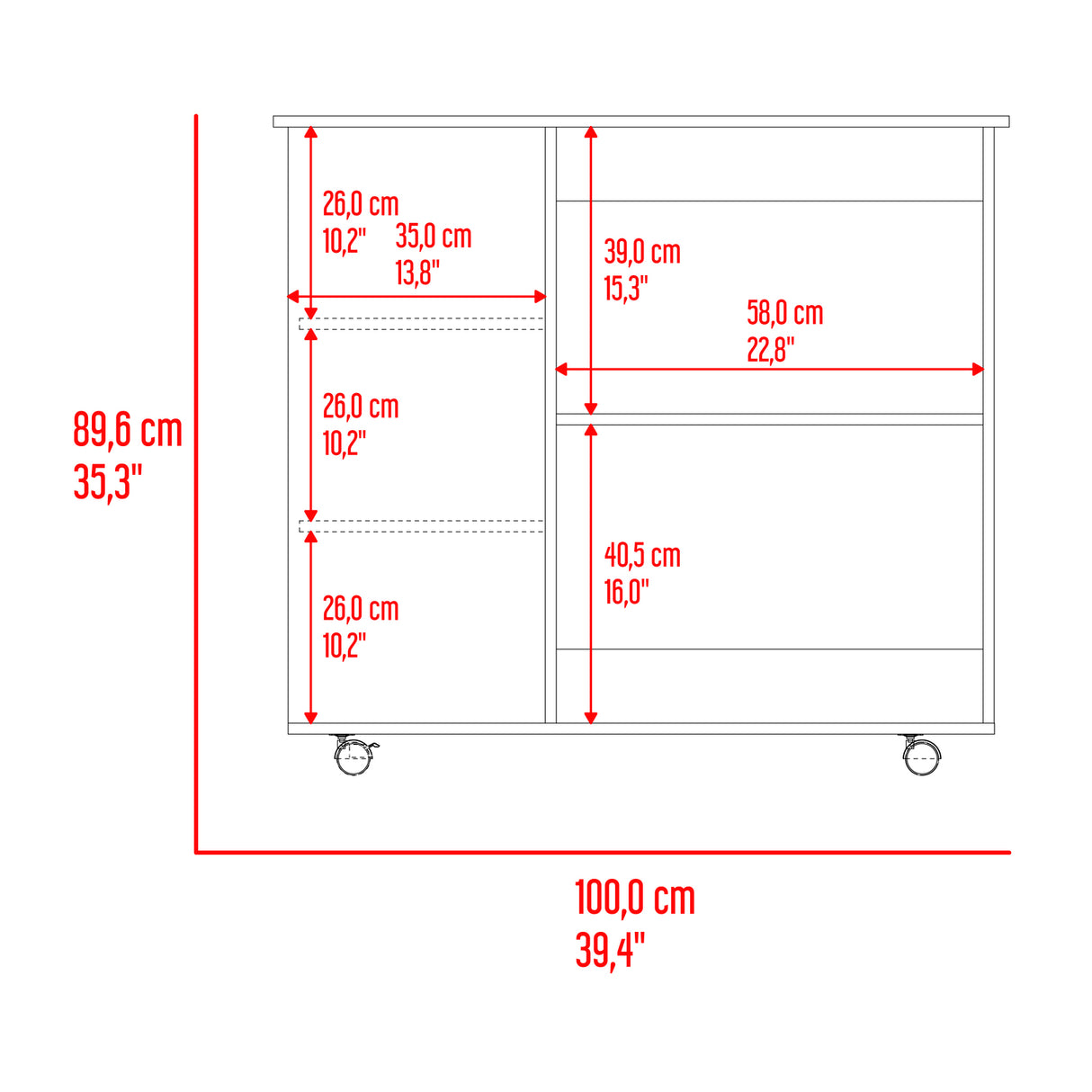 Barra de Cocina Nigella Blanco y Nogal 100x89.6cm con Ruedas y con Seis Compartimientos - BARRAS Y MUEBLES AUXILIARES | Bylmo