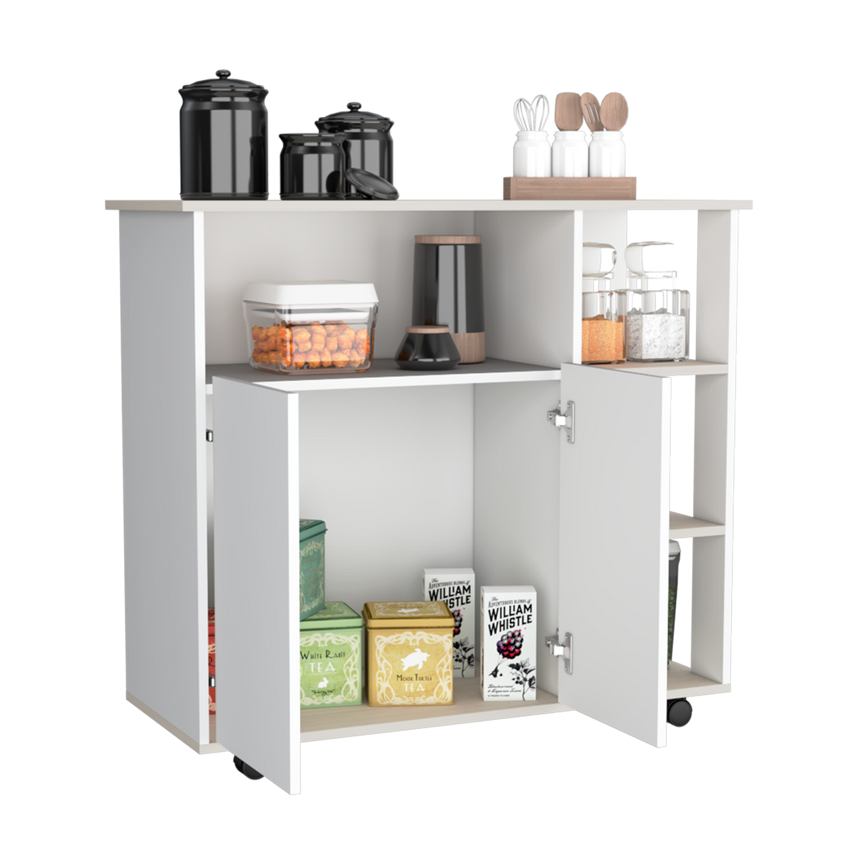 Barra de Cocina Paprika Blanco y Niebla 100x90cm con Ruedas y con Seis Compartimientos - BARRAS Y MUEBLES AUXILIARES | Bylmo