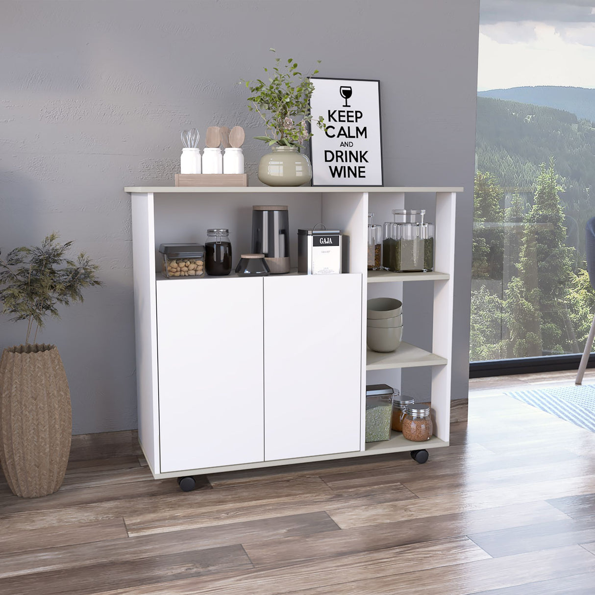 Barra de Cocina Paprika Blanco y Niebla 100x90cm con Ruedas y con Seis Compartimientos - BARRAS Y MUEBLES AUXILIARES | Bylmo