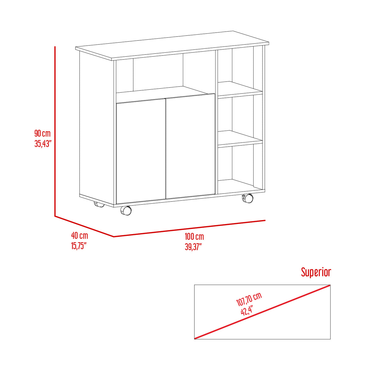Barra de Cocina Paprika Blanco y Niebla 100x90cm con Ruedas y con Seis Compartimientos - BARRAS Y MUEBLES AUXILIARES | Bylmo