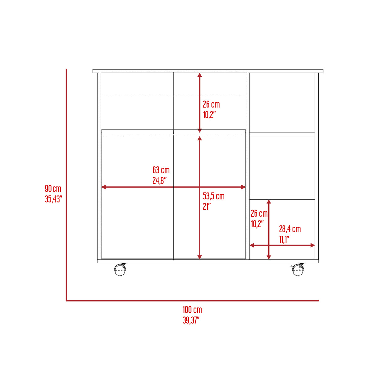Barra de Cocina Paprika Blanco y Niebla 100x90cm con Ruedas y con Seis Compartimientos - BARRAS Y MUEBLES AUXILIARES | Bylmo