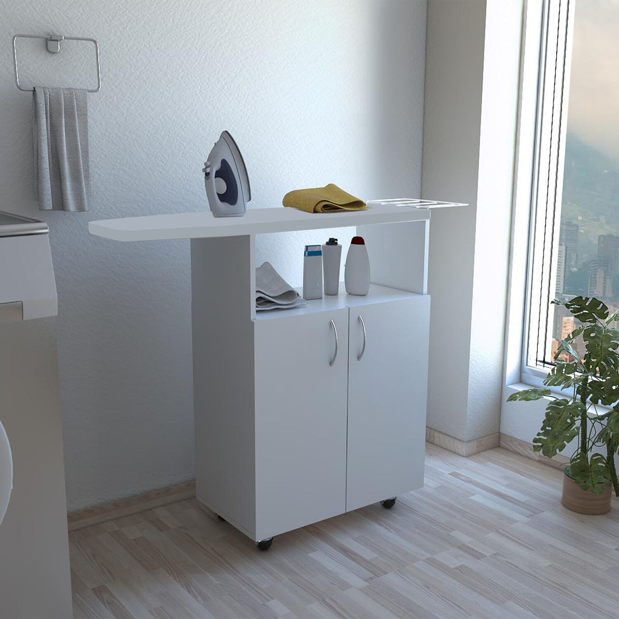 Mesa de Planchar Urano Blanco 90x86.1cm con Ruedas y con Dos Puertas - MUEBLES DE ASEO Y ROPAS | Bylmo