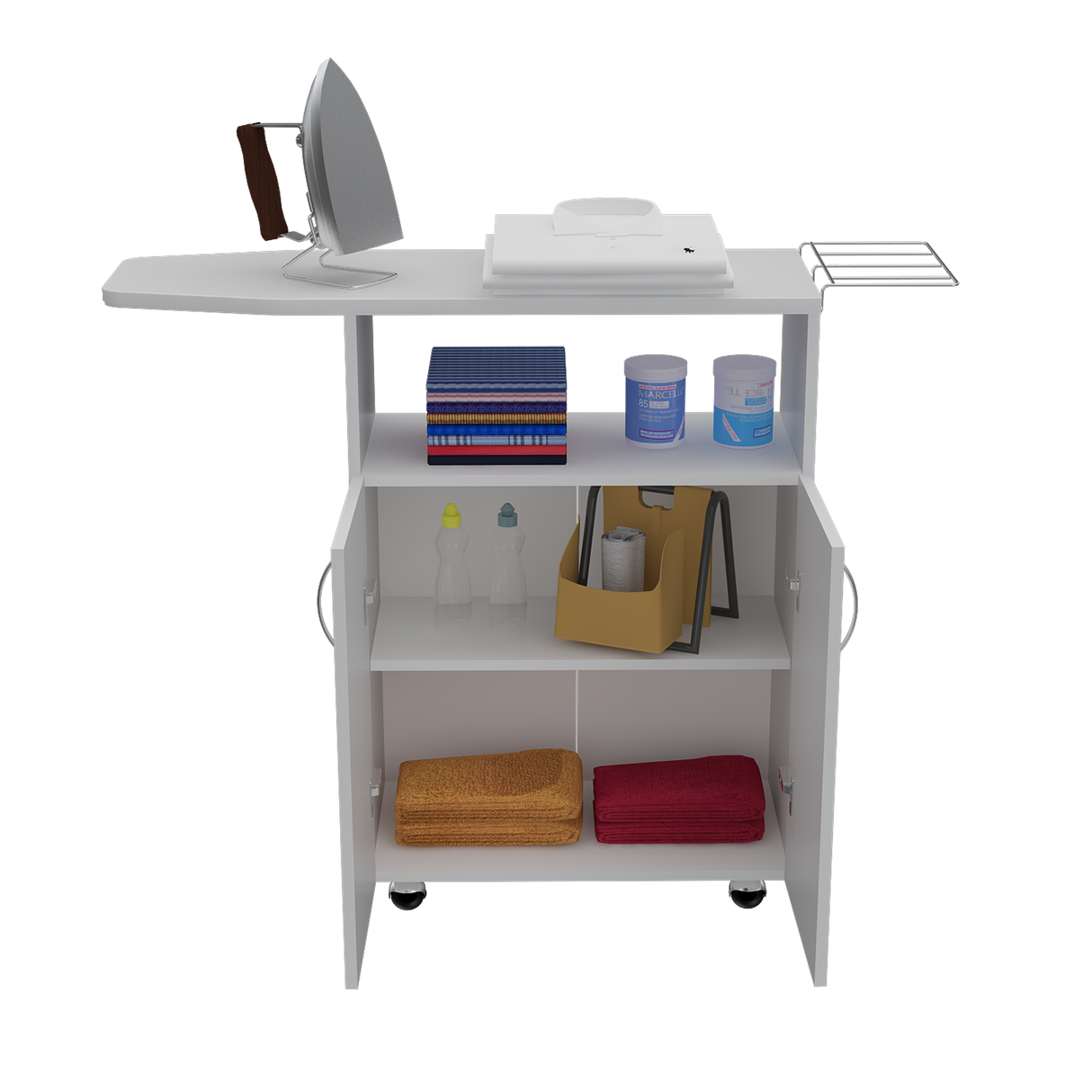 Mesa de Planchar Urano Blanco 90x86.1cm con Ruedas y con Dos Puertas - MUEBLES DE ASEO Y ROPAS | Bylmo
