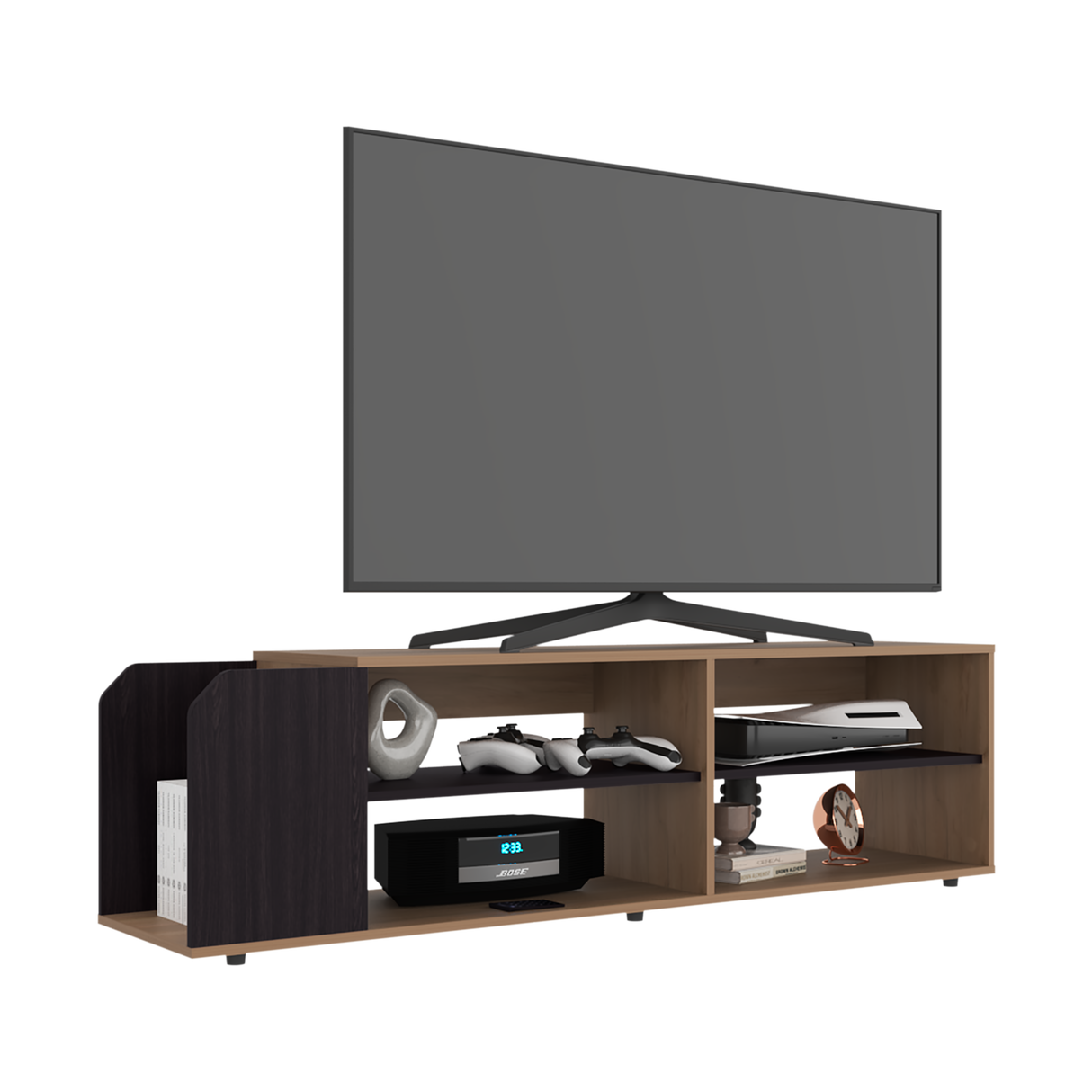 Rack de TV Solene Fresno Europeo y Wengue 150x42cm para TV Hasta 60" Pulgadas con Seis Compartimientos - MUEBLES DE TV | Bylmo