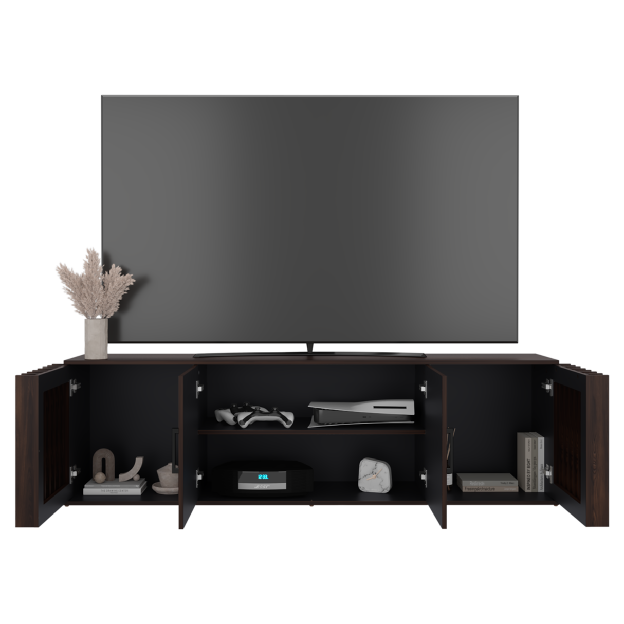 Rack de TV Brown Nogal y Wengue 180x54.5cm para TV Hasta 70" Pulgadas con Cuatro Compartimientos - MUEBLES DE TV | Bylmo