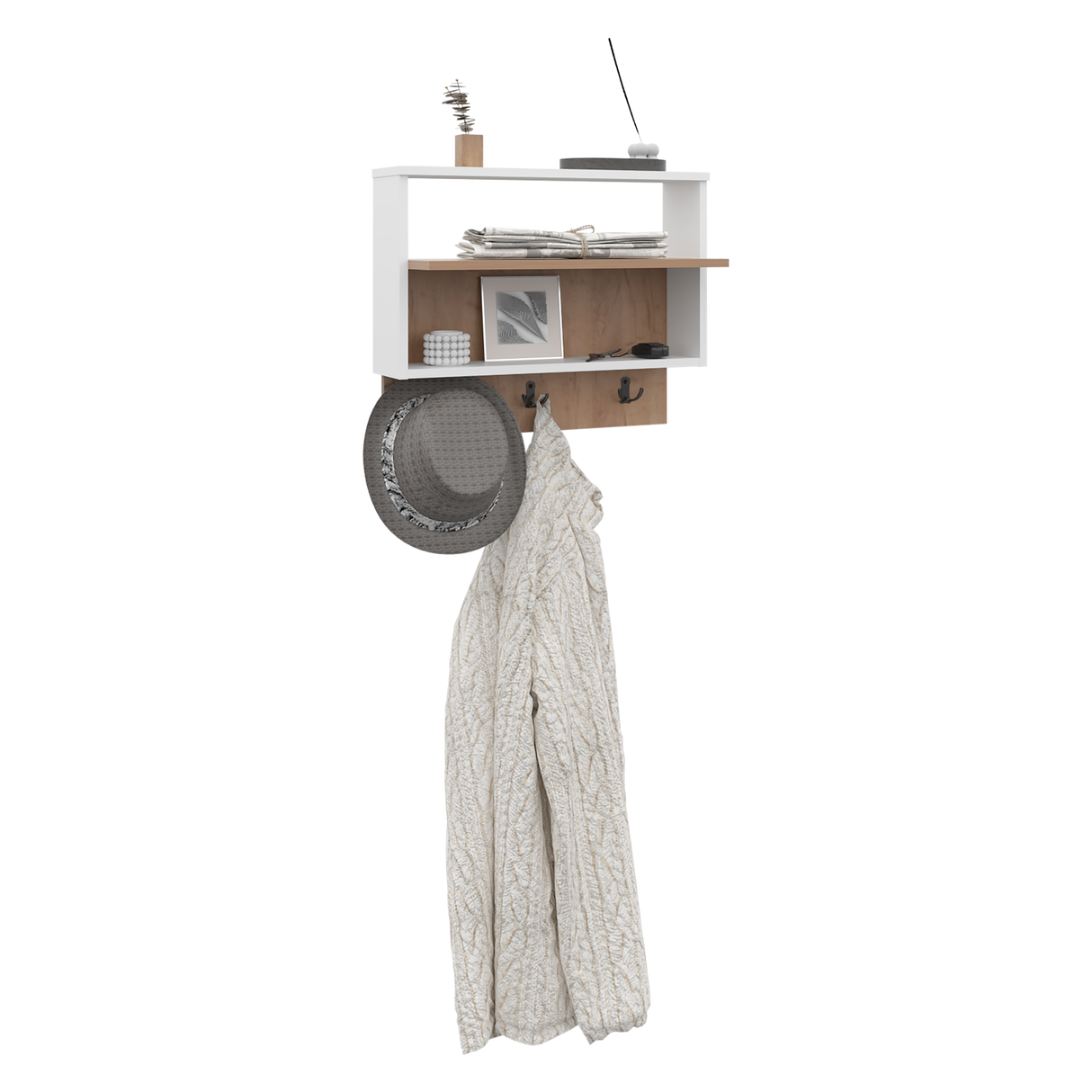 Repisa Perchero Aranjuez Blanco y Fresno Europeo 60x47.7cm Flotante con Tres Ganchos - PERCHEROS | Bylmo