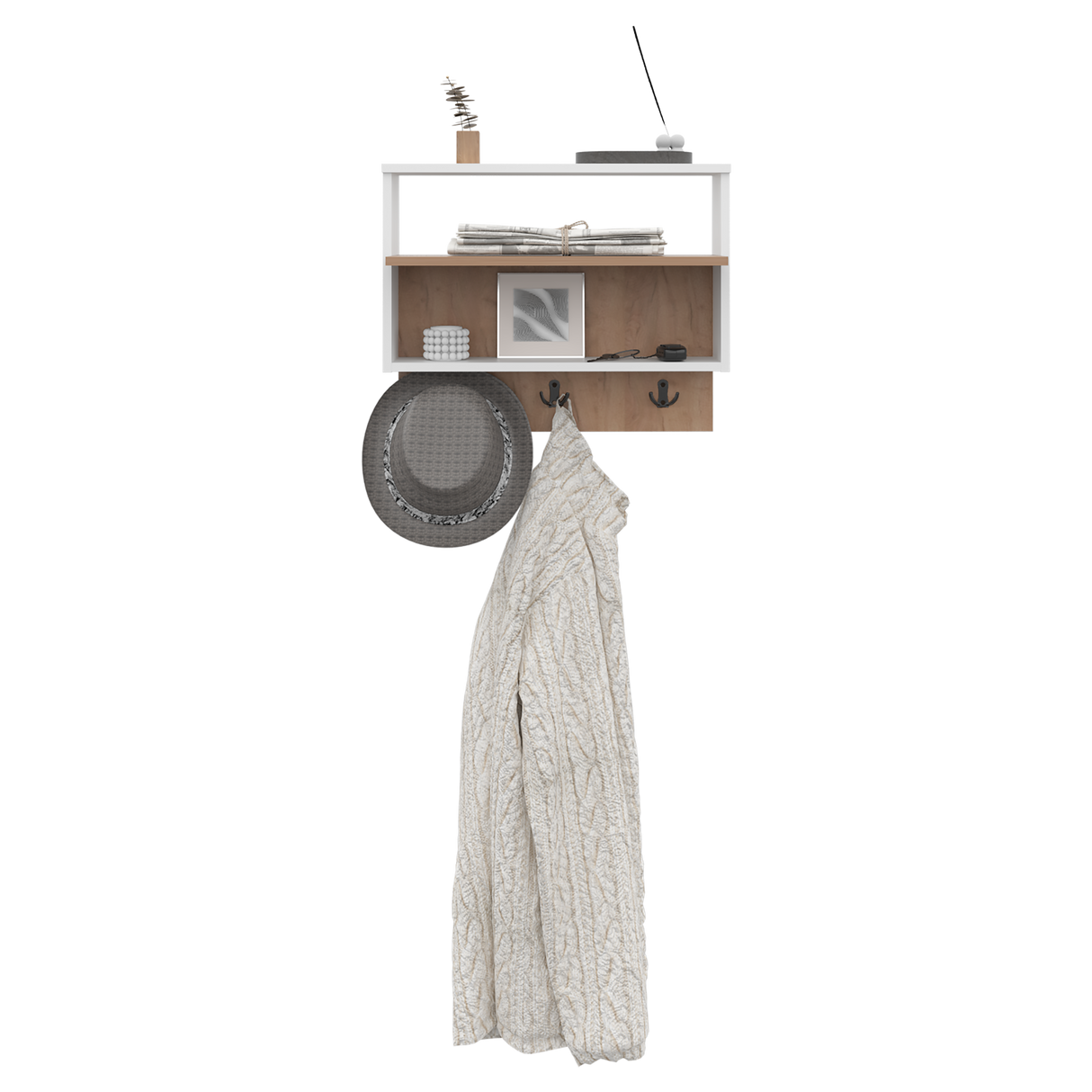 Repisa Perchero Aranjuez Blanco y Fresno Europeo 60x47.7cm Flotante con Tres Ganchos - PERCHEROS | Bylmo
