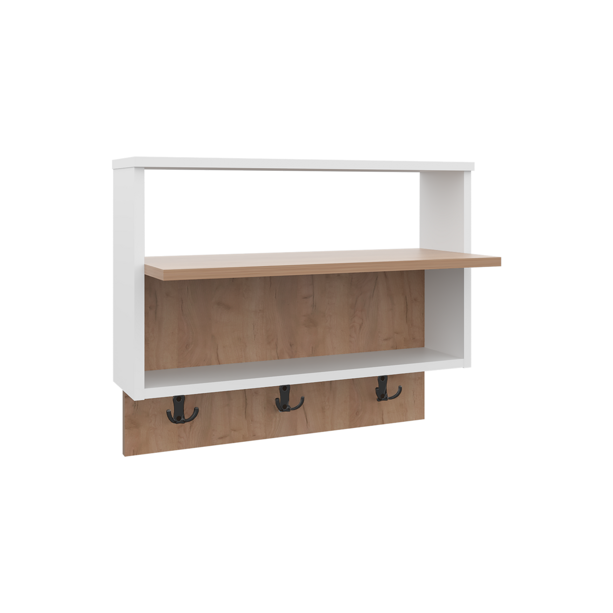 Repisa Perchero Aranjuez Blanco y Fresno Europeo 60x47.7cm Flotante con Tres Ganchos - PERCHEROS | Bylmo
