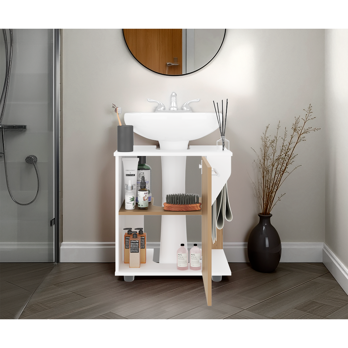 Mueble para Lavamanos Phillips Blanco y Fresno Europeo 56x62.1cm Individual sin Lavamanos - MUEBLES PARA LAVAMANOS | Bylmo