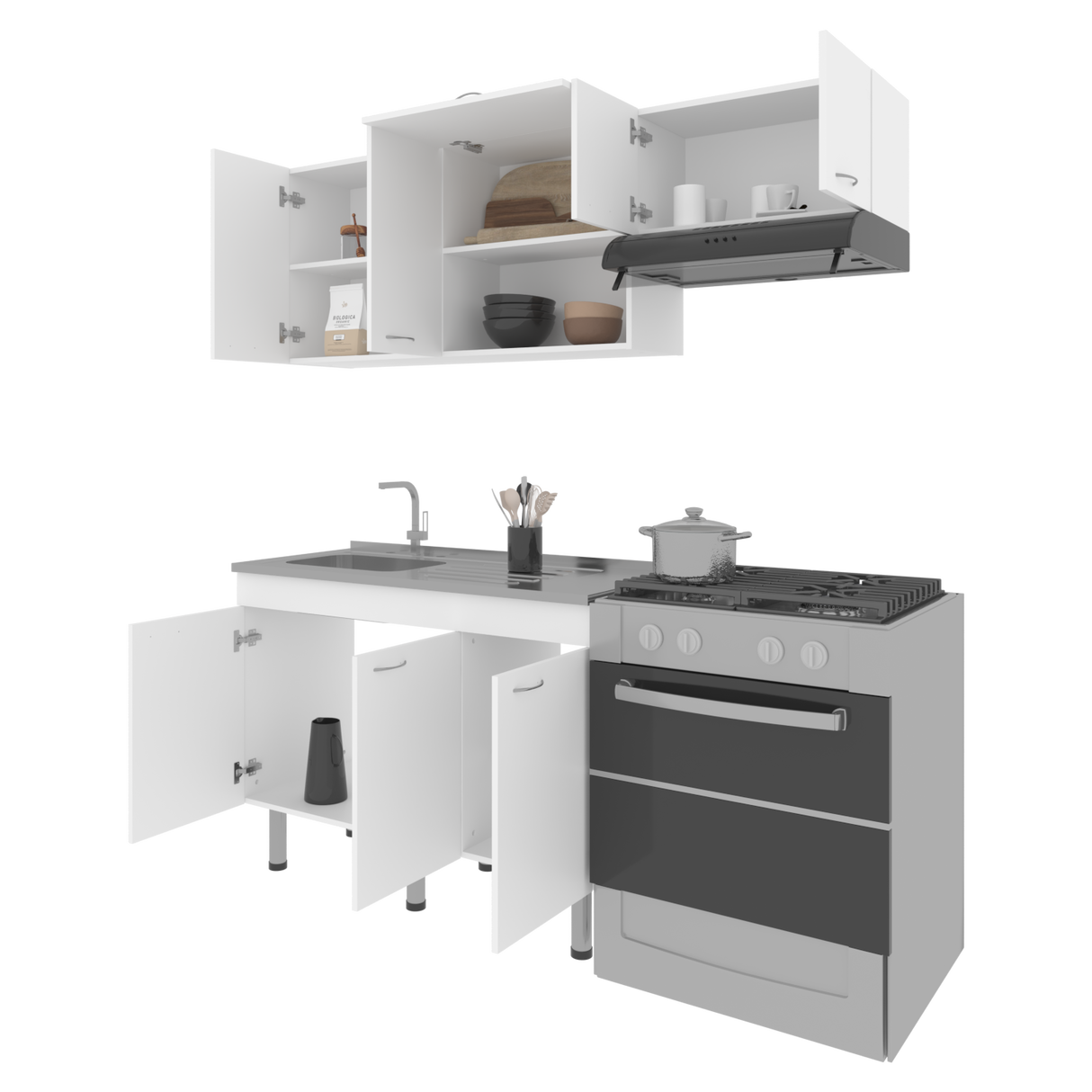 Cocina Oceana Blanco 180.2x60cm con Mesón de Acero Al Carbón Lado Izquierdo y con Estufa - COCINAS | Bylmo