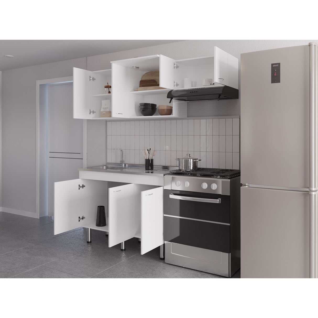 Cocina Oceana Blanco 180.2x60cm con Mesón de Acero Al Carbón Lado Izquierdo y con Estufa - COCINAS | Bylmo