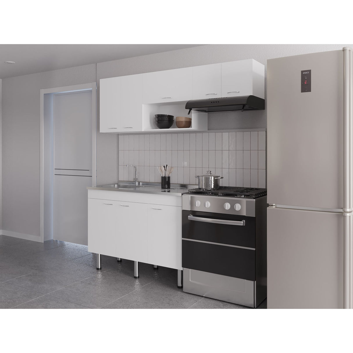 Cocina Oceana Blanco 180.2x60cm con Mesón de Acero Al Carbón Lado Izquierdo y con Estufa - COCINAS | Bylmo