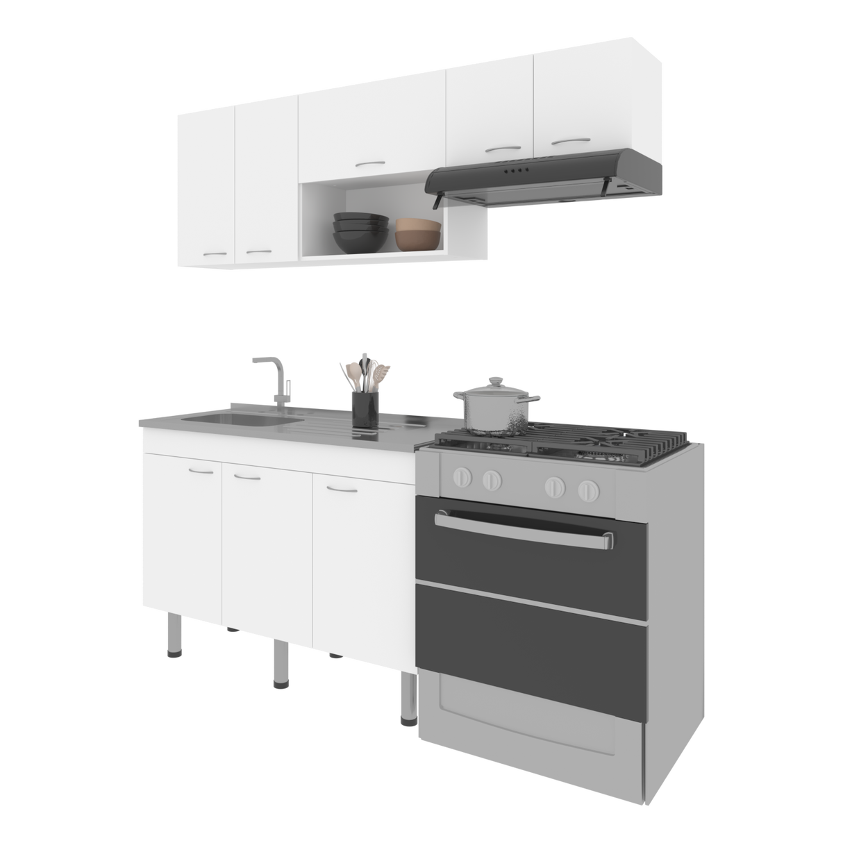 Cocina Oceana Blanco 180.2x60cm con Mesón de Acero Al Carbón Lado Izquierdo y con Estufa - COCINAS | Bylmo