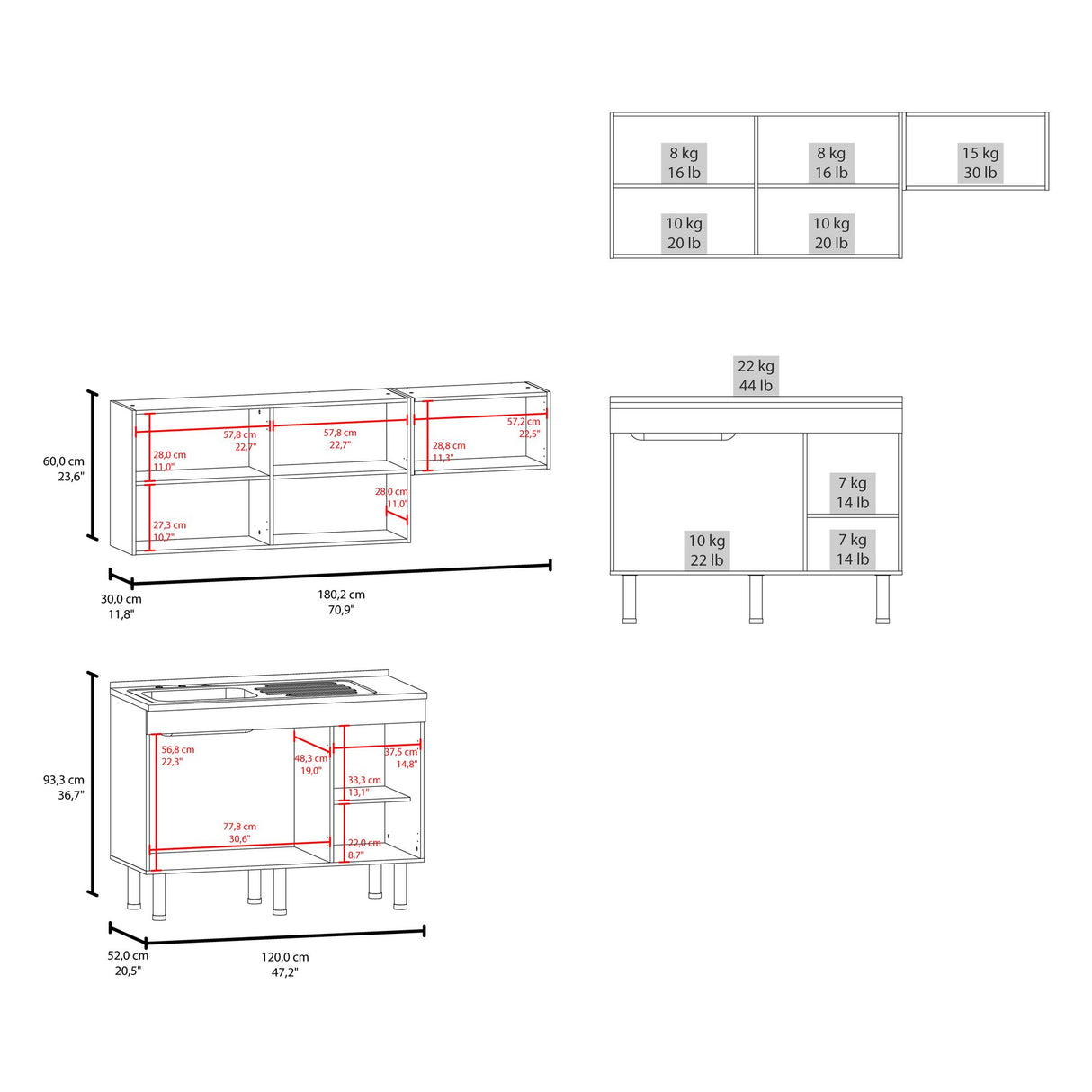 Cocina Oceana Blanco 180.2x60cm con Mesón de Acero Al Carbón Lado Izquierdo y con Estufa - COCINAS | Bylmo