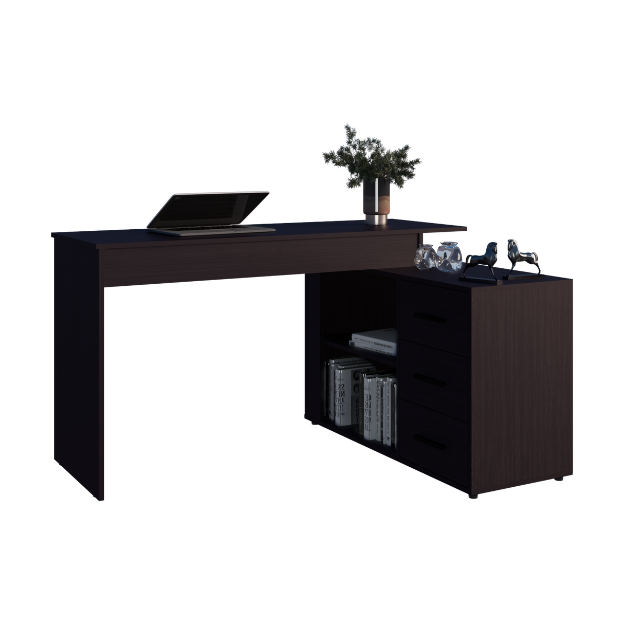 Escritorio en L Upton Wengue 137.5x75cm con Tres Cajones y con Organizador de Libros - ESCRITORIOS | Bylmo