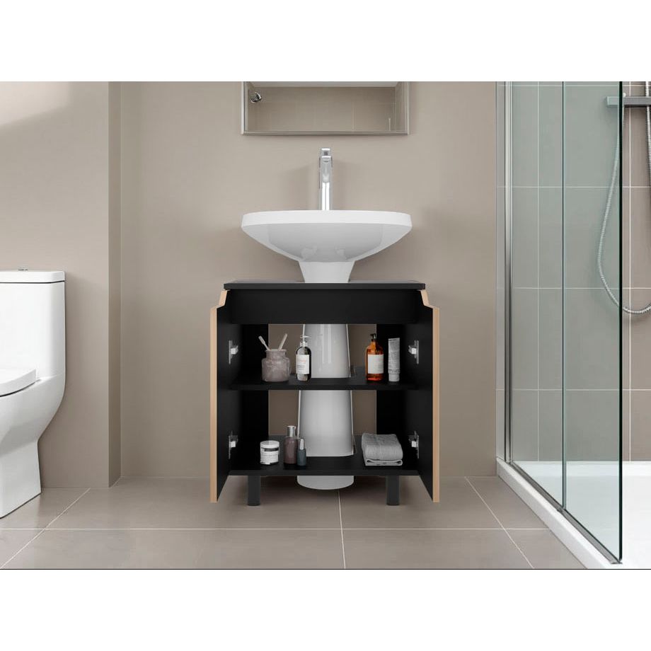Mueble para Lavamanos Marlo Wengue y Fresno Europeo 55x63cm Individual sin Lavamanos y con Dos Puertas - MUEBLES PARA LAVAMANOS | Bylmo