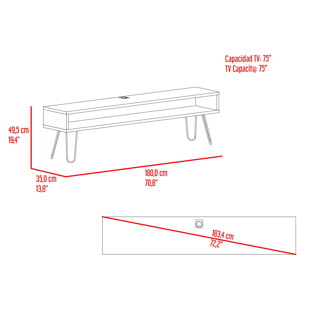 Rack de TV Luft Ceniza 180x49.5cm para TV Hasta 75" Pulgadas con Un Compartimiento - MUEBLES DE TV | Bylmo