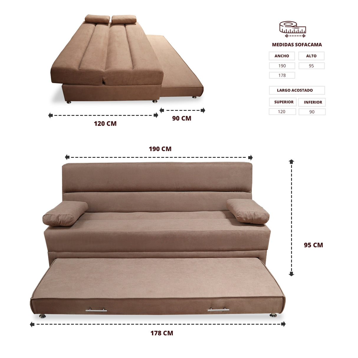 Sofacama Ferreira Camel 190x95cm de Tres Puestos Reclinable Antifluido y sin Apoya Brazos - SOFAS Y POLTRONAS | Bylmo