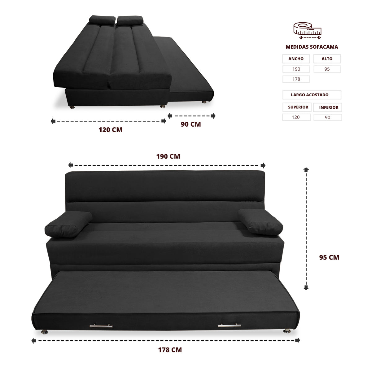 Sofacama Ferreira Negro 190x95cm de Tres Puestos Reclinable Antifluido y sin Apoya Brazos - SOFAS Y POLTRONAS | Bylmo