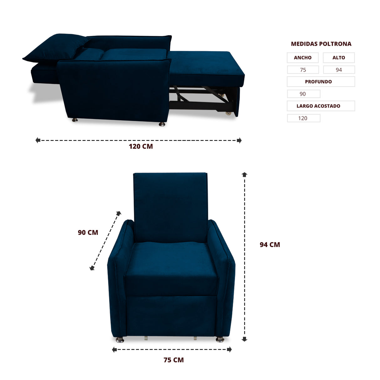 Silla Multipropósito Napoli Azul Petróleo 75x94cm de Un Puesto Reclinable Antifluido y sin Apoya Brazos - SOFAS Y POLTRONAS | Bylmo