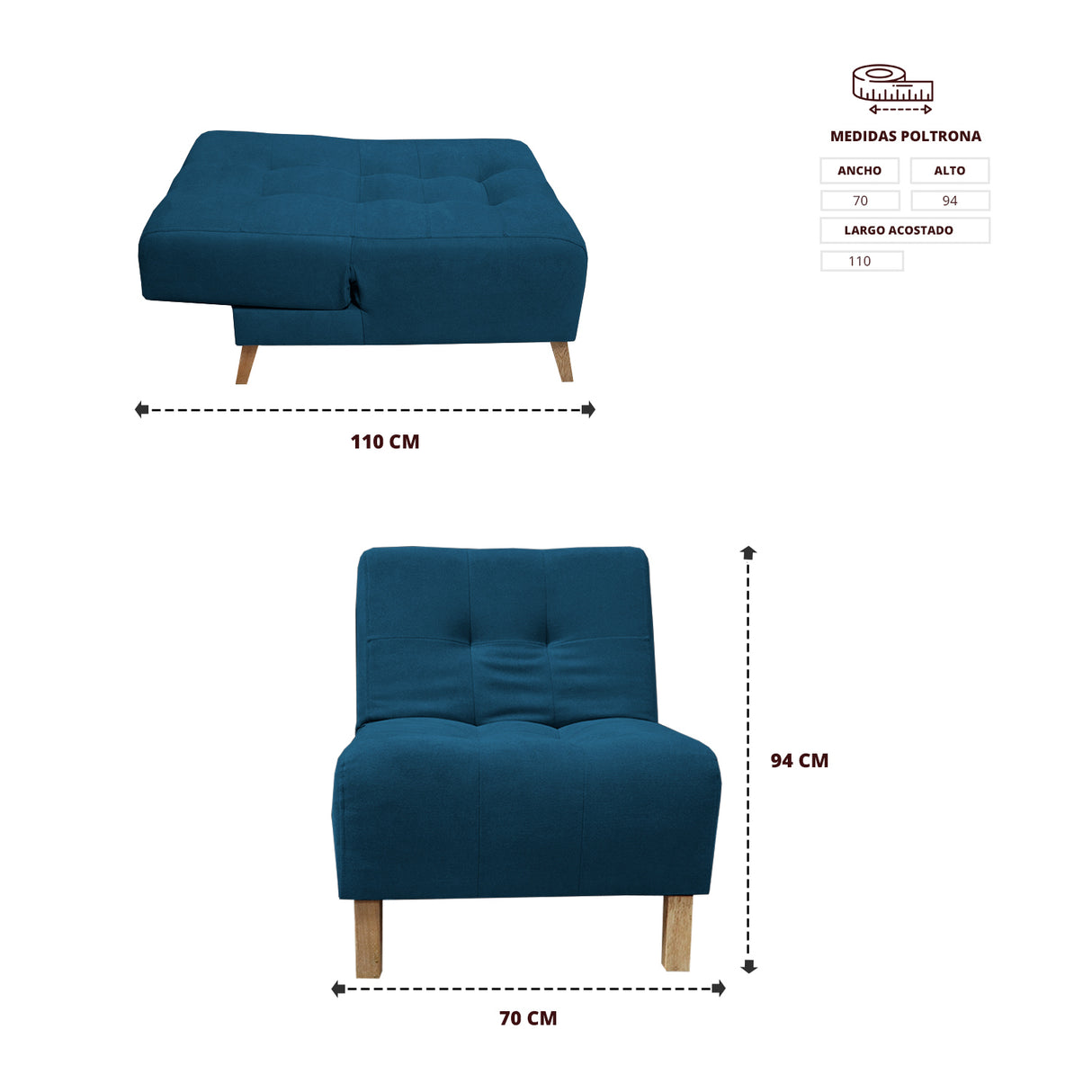 Poltrona Egli Azul Petróleo 70x94cm de Un Puesto Reclinable Antifluido y sin Apoya Brazos - SOFAS Y POLTRONAS | Bylmo